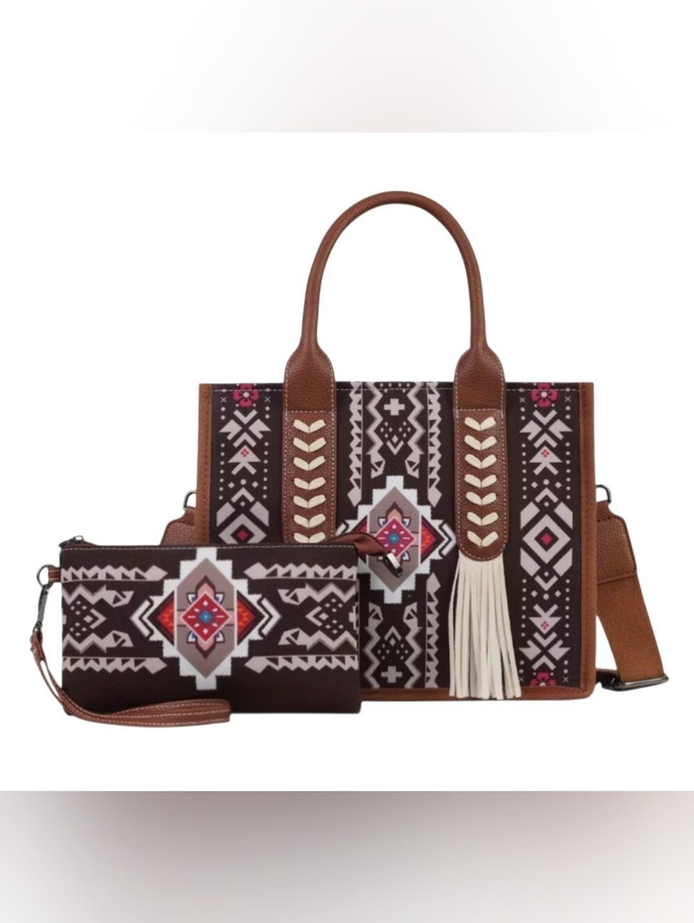 Brown Geometric Tote Bag with Matching Wristlet - Boho Chic NWOT